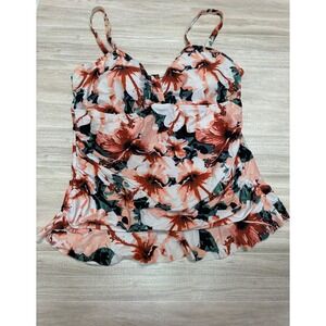 Hilor Women Plus Size 18 Floral Tankini Swim Top Ruffle Hem Tropical Orange